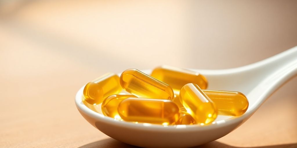 CoQ10 capsules in a white spoon.