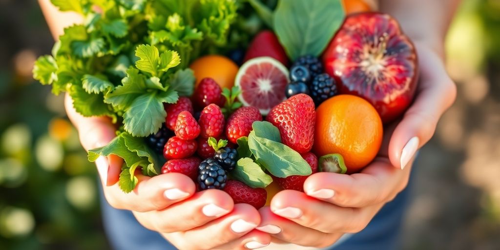 Colorful fruits, vegetables, sunlight, healthy person.