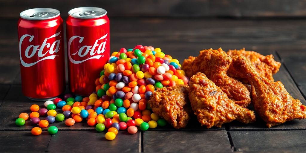 Unhealthy foods like soda, candy, and fried chicken.