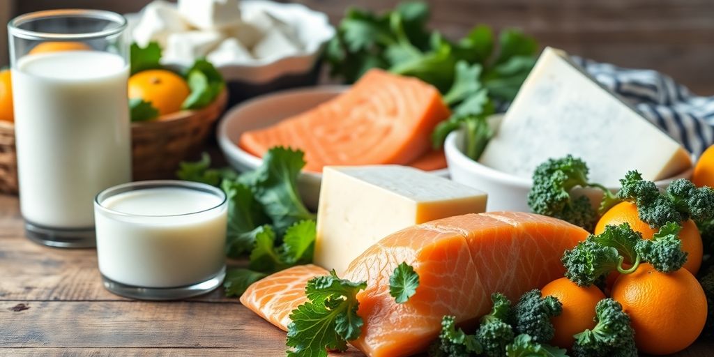 Assortment of vibrant, calcium-rich foods on a wooden table.