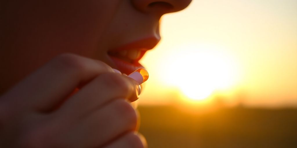 Sunrise illuminates a person taking a small pill.