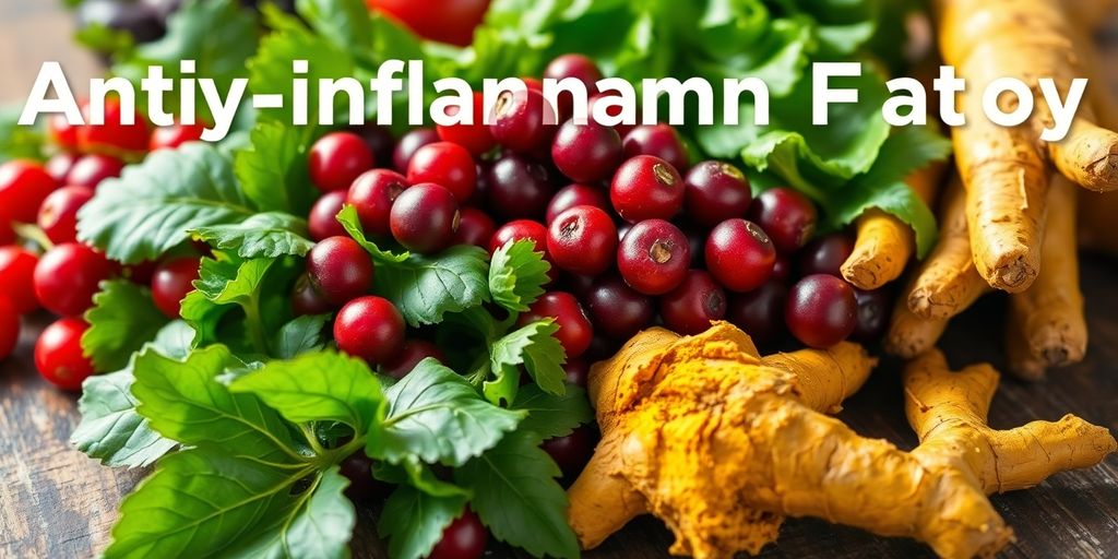 Colorful anti-inflammatory foods arranged on a wooden table.
