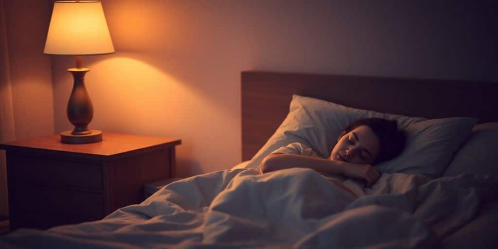 Peaceful bedroom, soft lighting, person sleeping soundly.