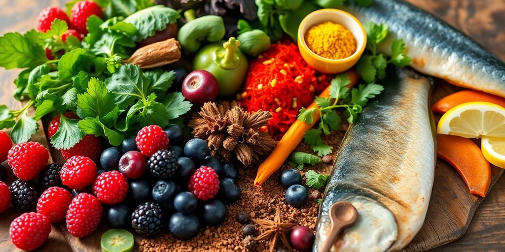 Colorful anti-inflammatory foods on a wooden table.