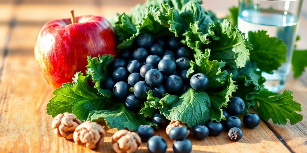Fresh berries, kale, and walnuts on a rustic table.