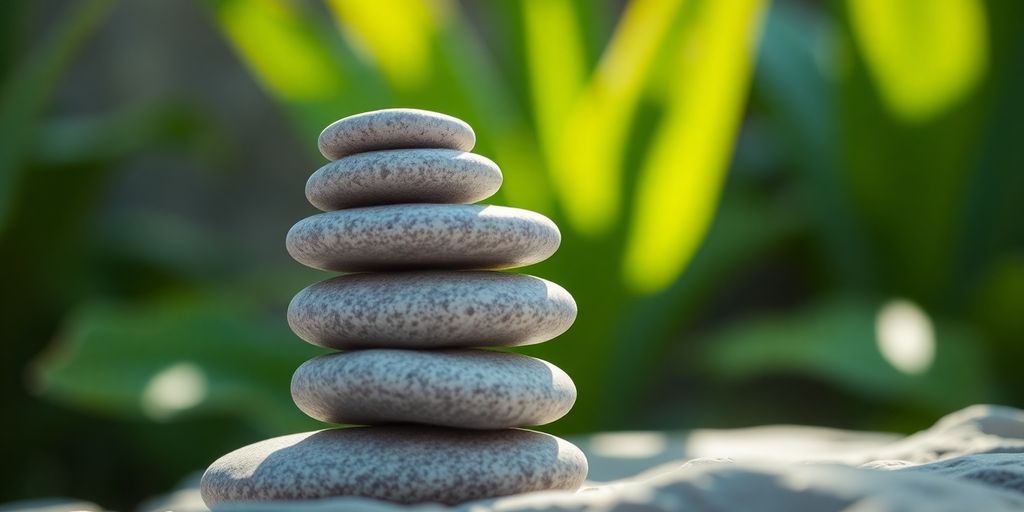 Green leaves, balanced stones, soft light, natural harmony image.