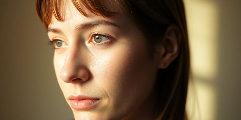 Person with calm, focused expression, bathed in soft light.