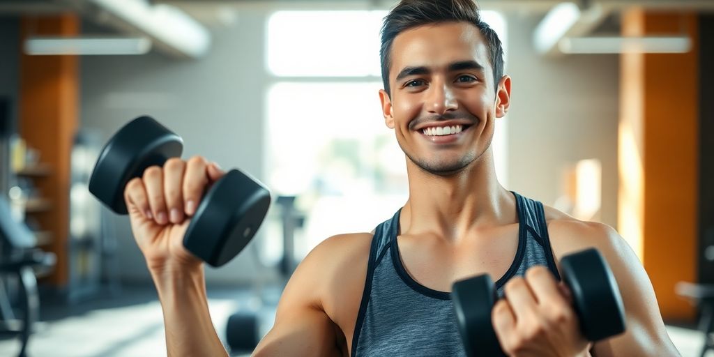 Person exercising with weights, smiling, gym background.