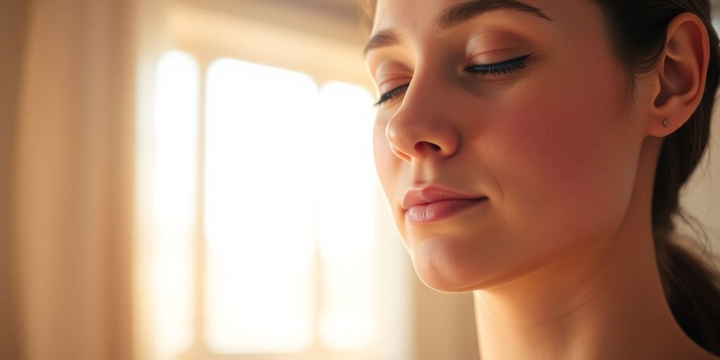 Person meditating peacefully in a sunlit room.