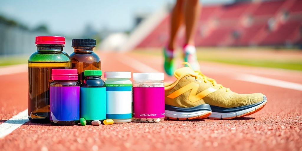 Colorful supplements and athletic shoes on a track.