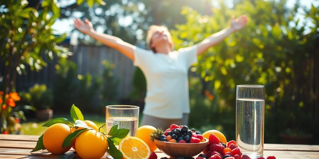 Vibrant person stretching outdoors, natural light, fresh fruit.