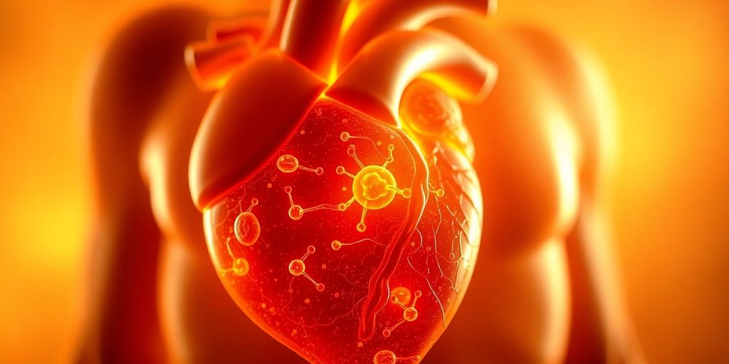 Healthy heart, vibrant cells, CoQ10 molecules.