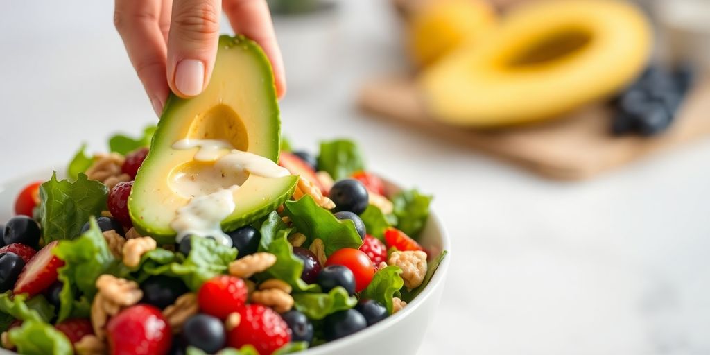 Fresh, colorful salad bowl with berries, nuts, and avocado.