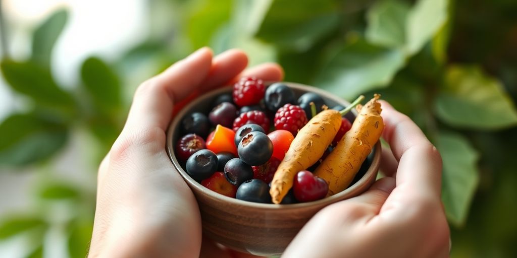 Hands holding fresh berries and turmeric, natural green background.