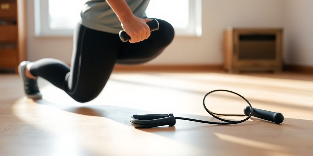 Person exercising with weights and jump rope