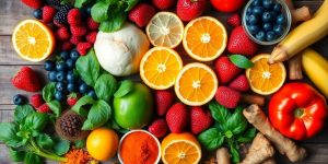 Colorful fruits, vegetables, and spices.
