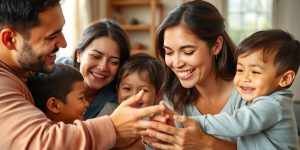 Parents interacting positively with happy children.