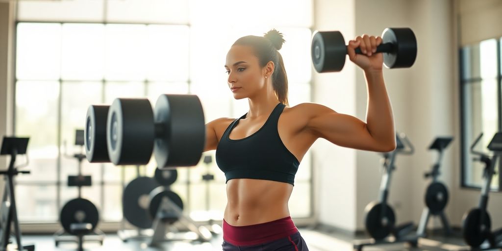Woman lifting weights in gym.