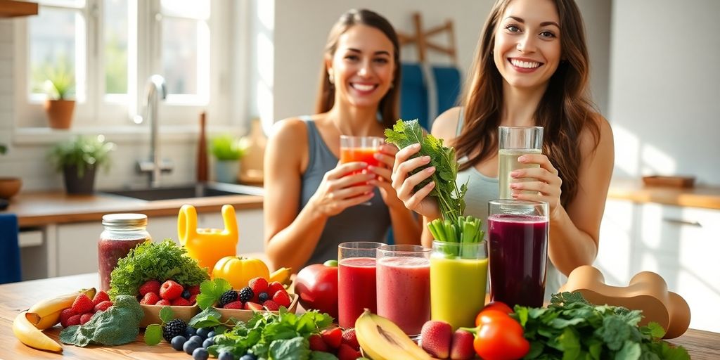 Woman holding vegetables and water, kitchen with yoga mat visible