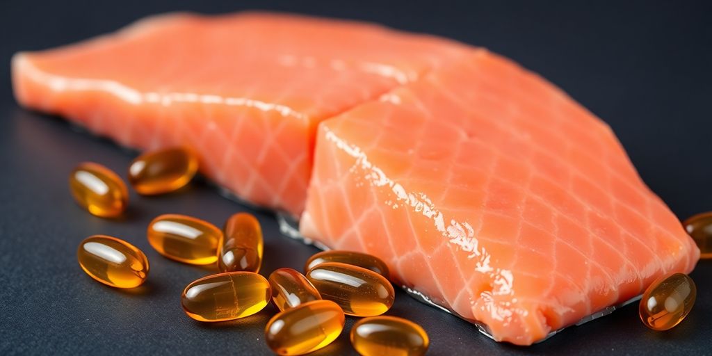 Fish oil capsules and fresh salmon fillets