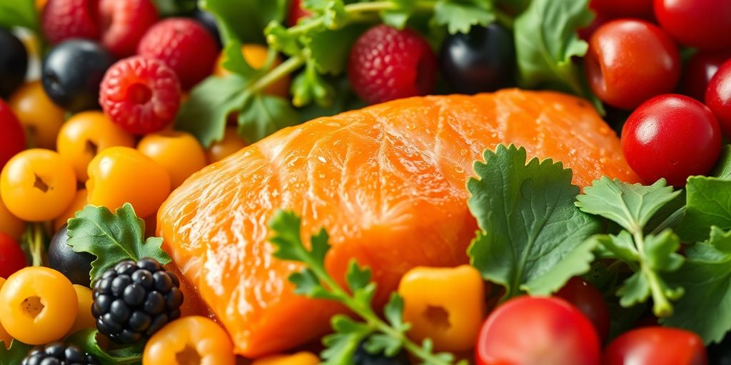 Vibrant assortment of fresh berries, salmon, and leafy greens.