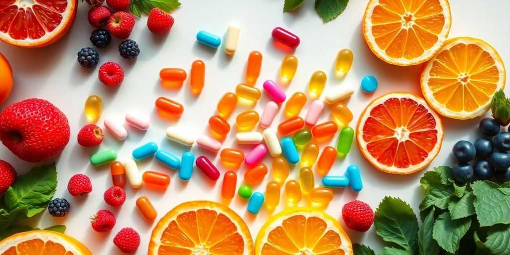Colorful vitamin pills, fresh fruits, vegetables.