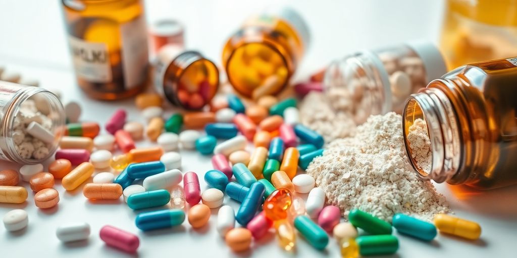 Tablets, capsules, and powders spilling from bottles.