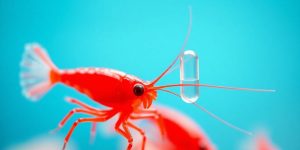 Vibrant red krill swimming near a CoQ10 capsule.