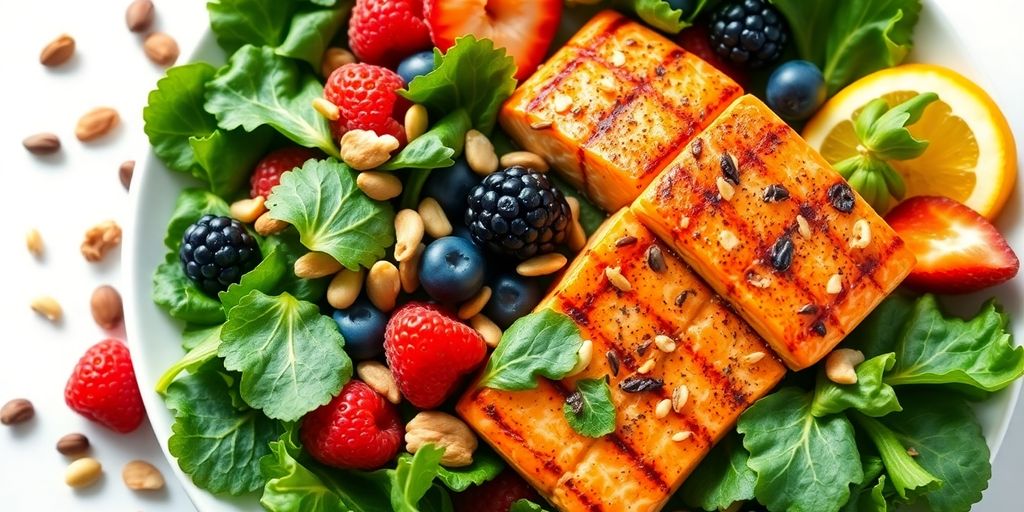 Fresh fruits and vegetables with heart-healthy fish.