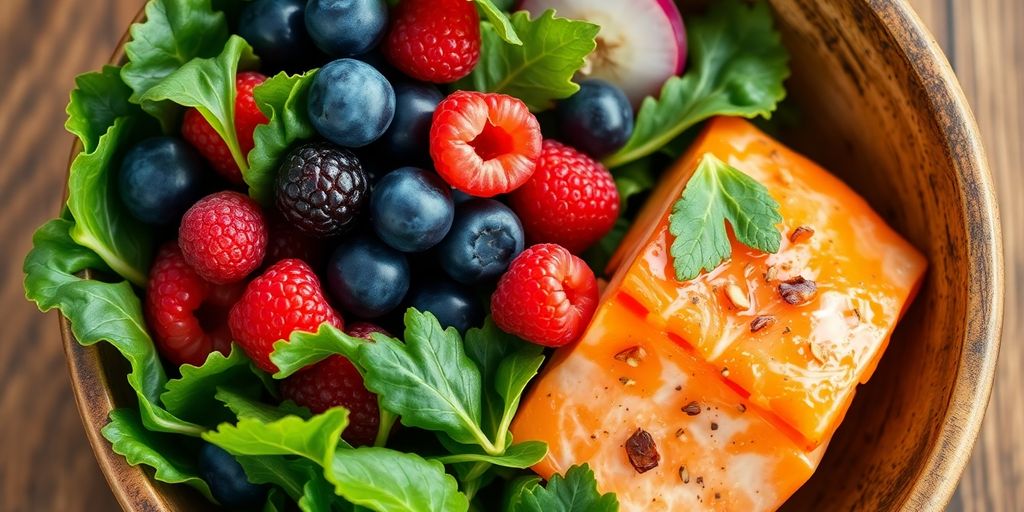 Vibrant bowl of berries, leafy greens, and salmon.