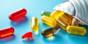 Krill oil and fish oil capsules next to their sources.