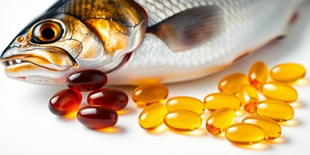 Fish oil capsules and fresh fish.