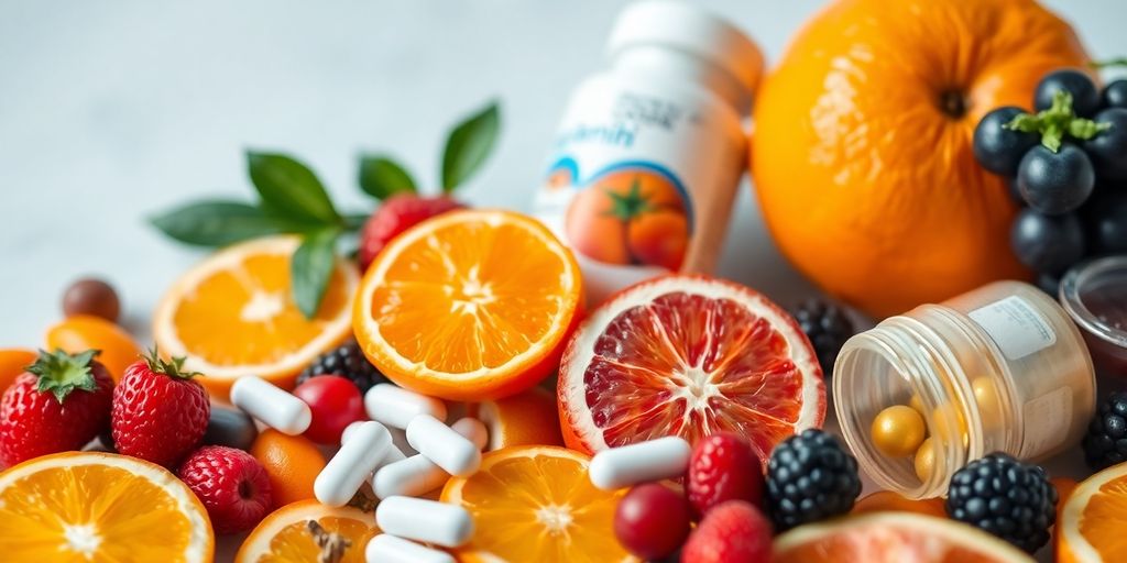 Vibrant fruits and supplements for natural energy.