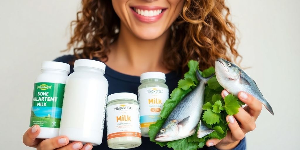 Woman holding calcium-rich foods and supplements.