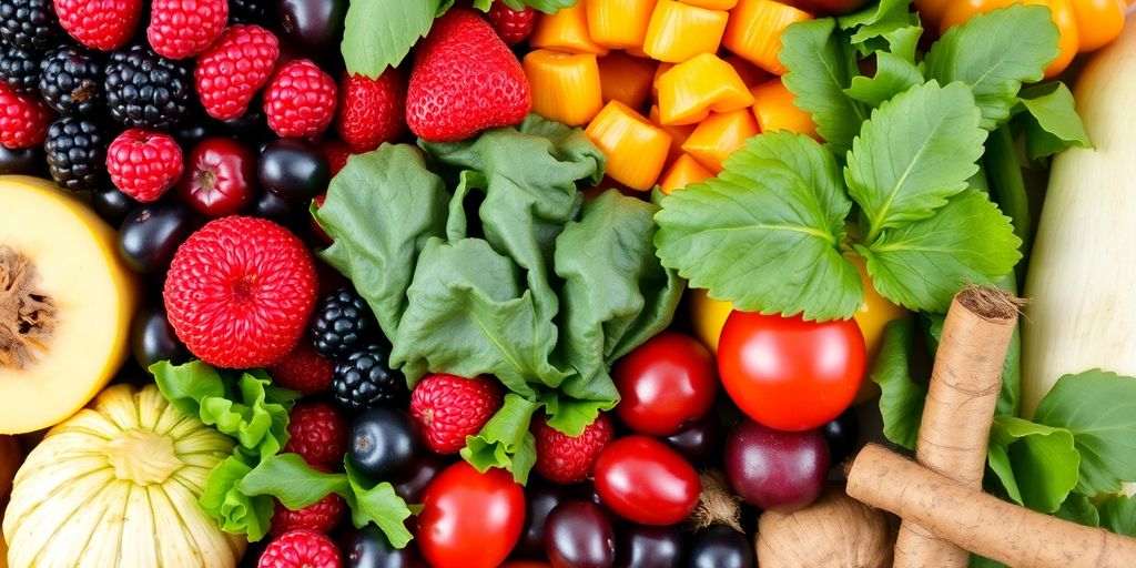 Vibrant assortment of colorful fruits and vegetables.