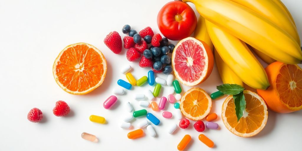Vibrant fruits and energizing vitamin supplements.