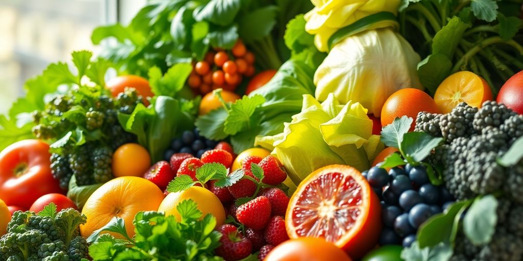 Vibrant fruits and vegetables arranged artistically.