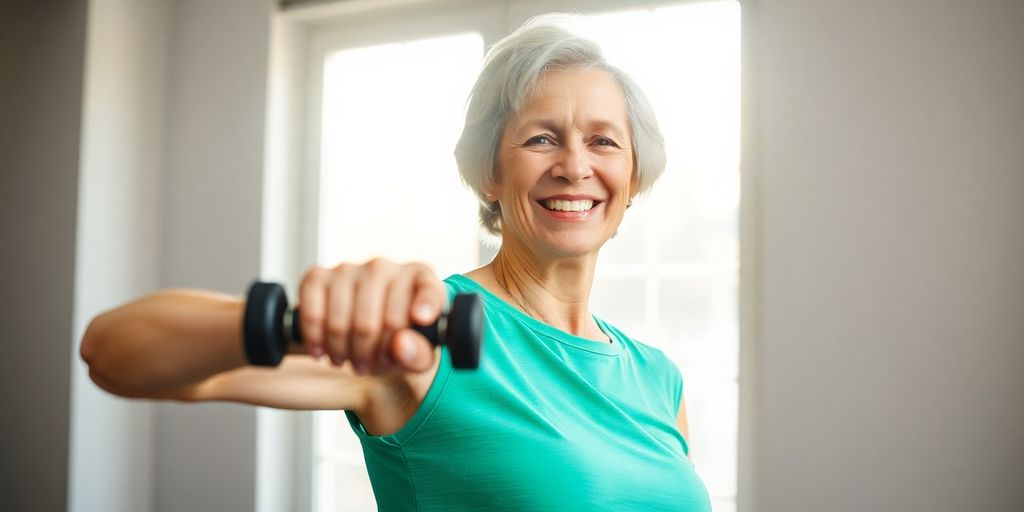 Woman lifting dumbbell, promoting bone health