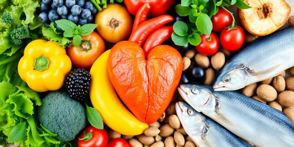 Heart-healthy foods arranged attractively.