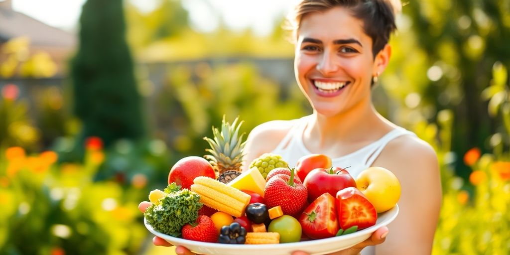Person smiling, holding a healthy meal.