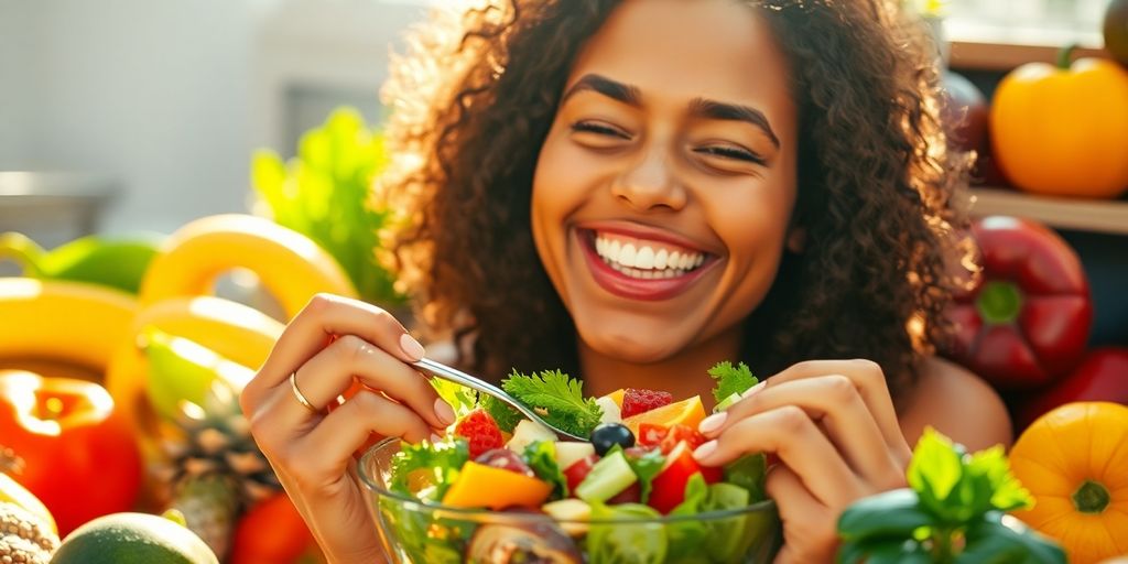 Person enjoying healthy food with a smile.