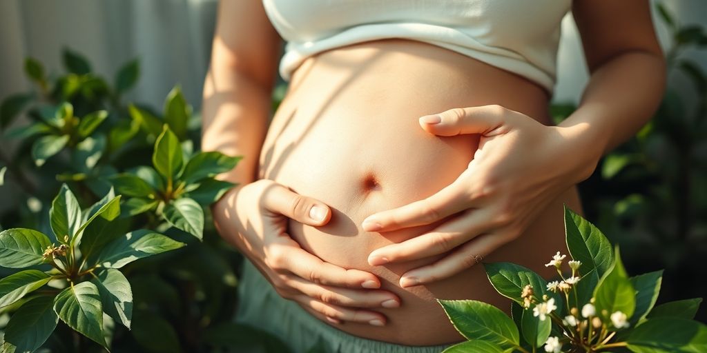 Woman holding abdomen, looking thoughtful.