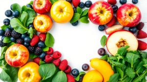 Healthy heart shape made of fruits and vegetables.