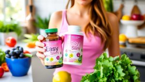 Person with Holland and Barrett Easy Slim, fruits, and vegetables.
