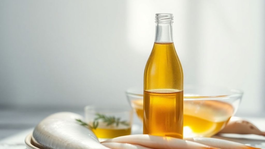 Cod liver oil bottle and fish with healthy glow.