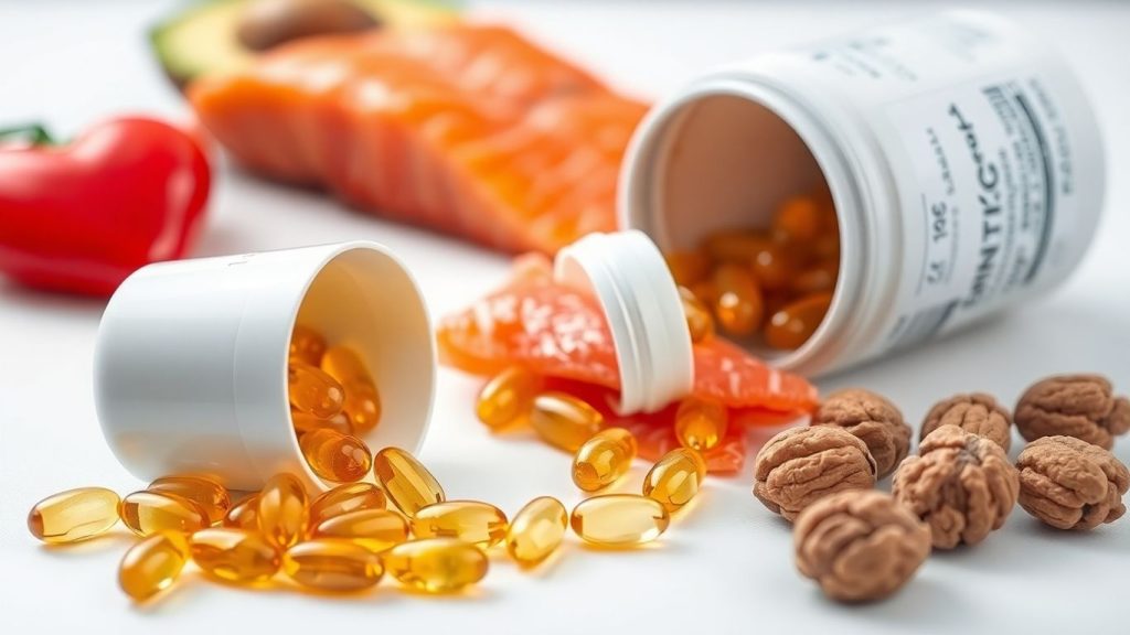 Golden omega-3 and CoQ10 softgels, heart prop, salmon, avocado, walnuts.