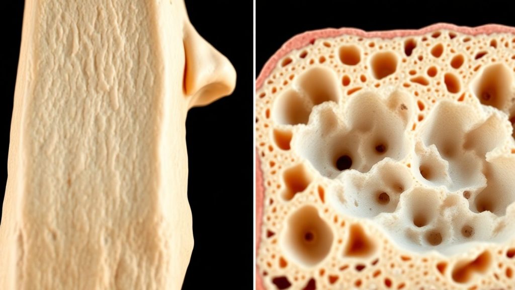 Healthy bone versus weakened bone density comparison.