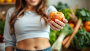 Person holding apple, healthy food, flat stomach.