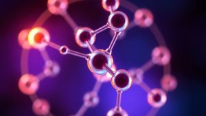 Coenzyme Q10 molecules glowing with energy.