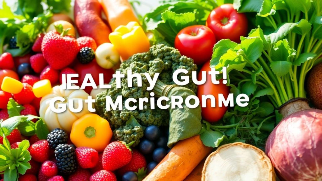 Colorful fruits and vegetables for gut health.